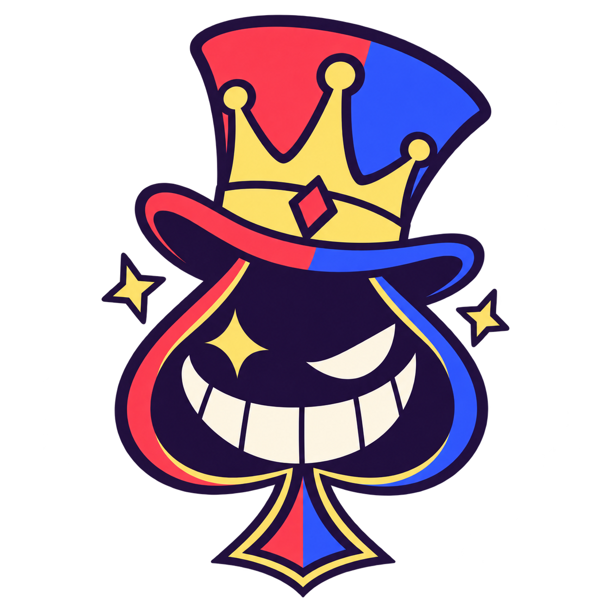 A grinning spade wearing a crooked ringmaster hat